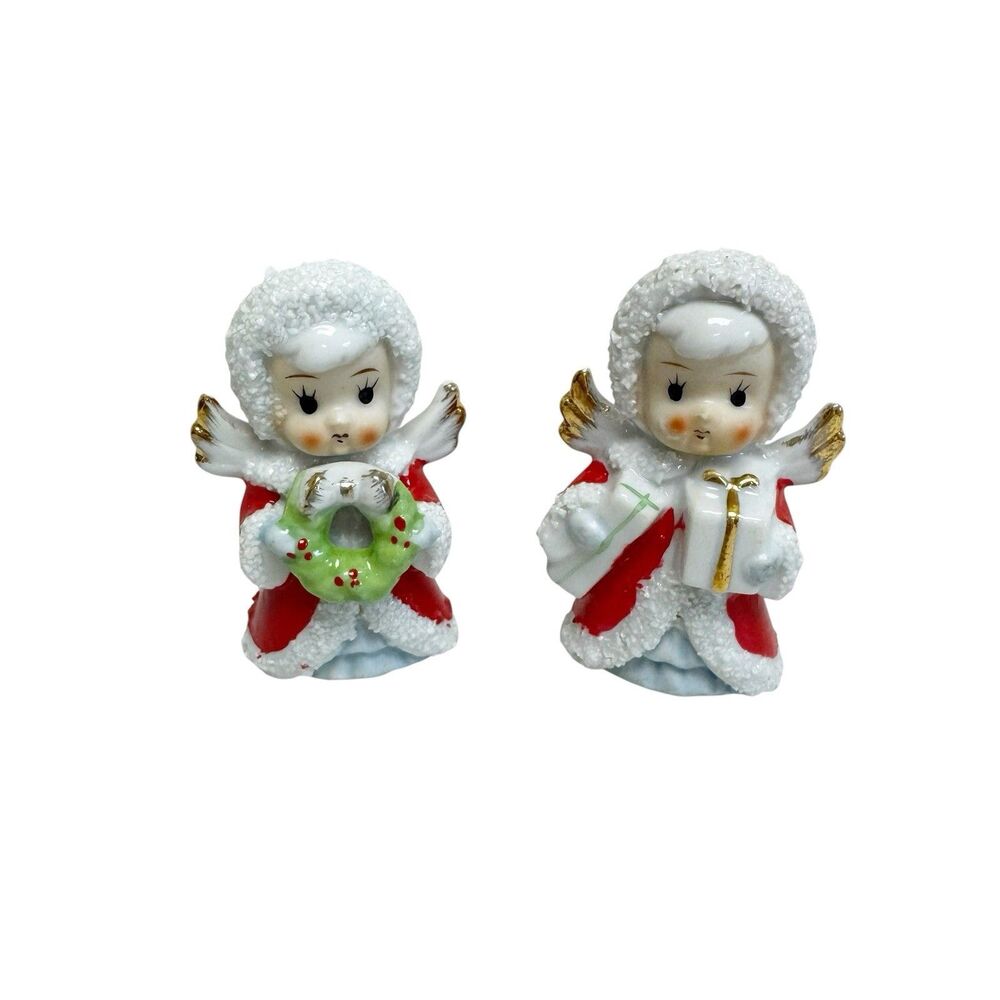 Vintage Set of 2 Spaghetti Trim Xmas Angels 1‎ w/Present & 1 w/Wreath Japan